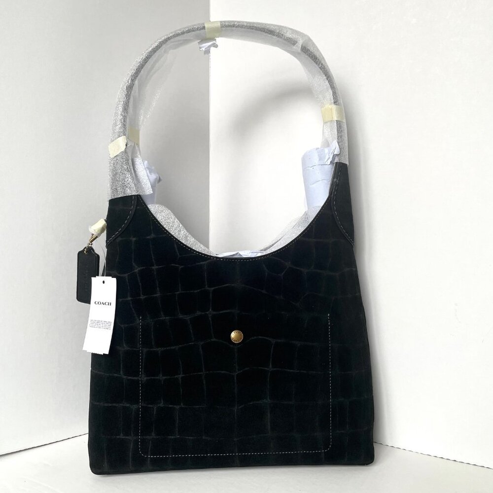 Coach Brooklyn 28 Black Croc Embossed Suede Leather Hobo CCJ00 - Picture 2 of 16